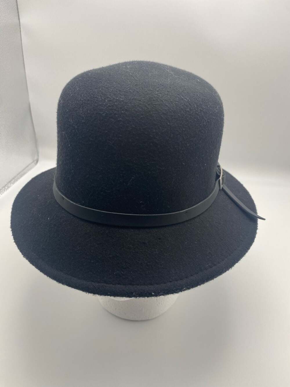 Marcus Adler Black Wool Cloche Hat with Leather Band and Buckle Accent